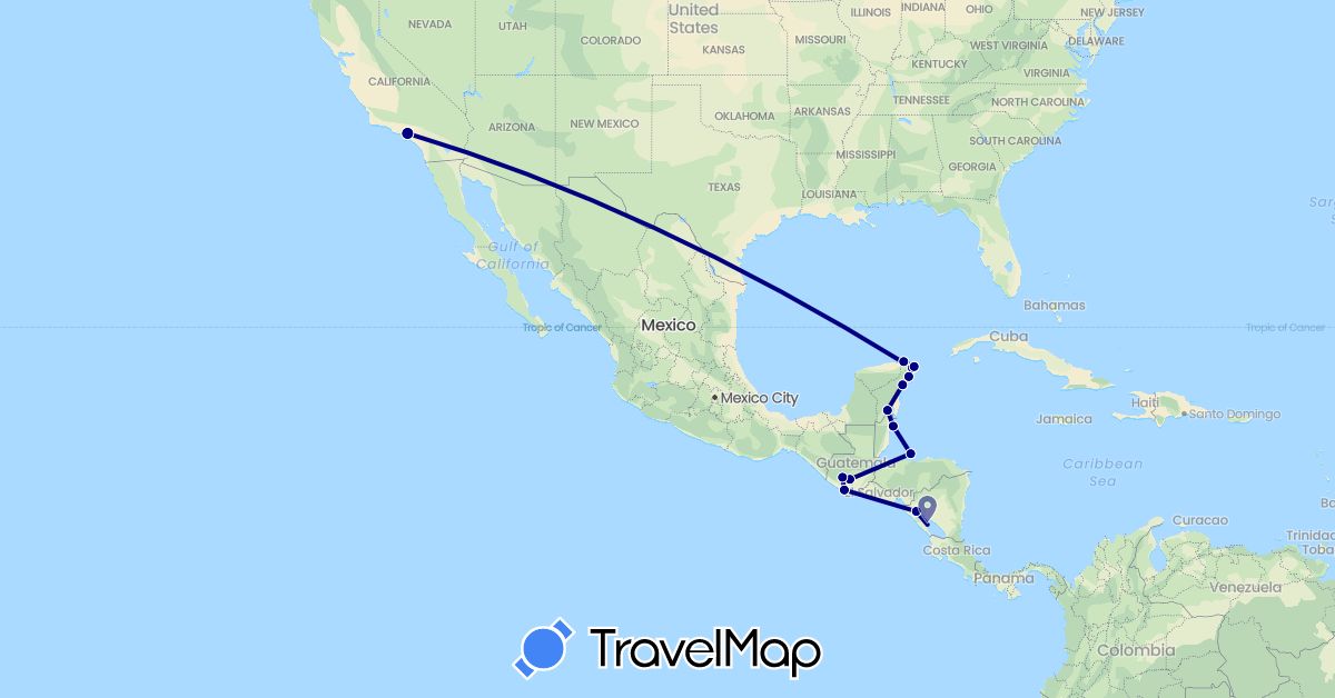 TravelMap itinerary: driving in Belize, Guatemala, Honduras, Mexico, Nicaragua, United States (North America)